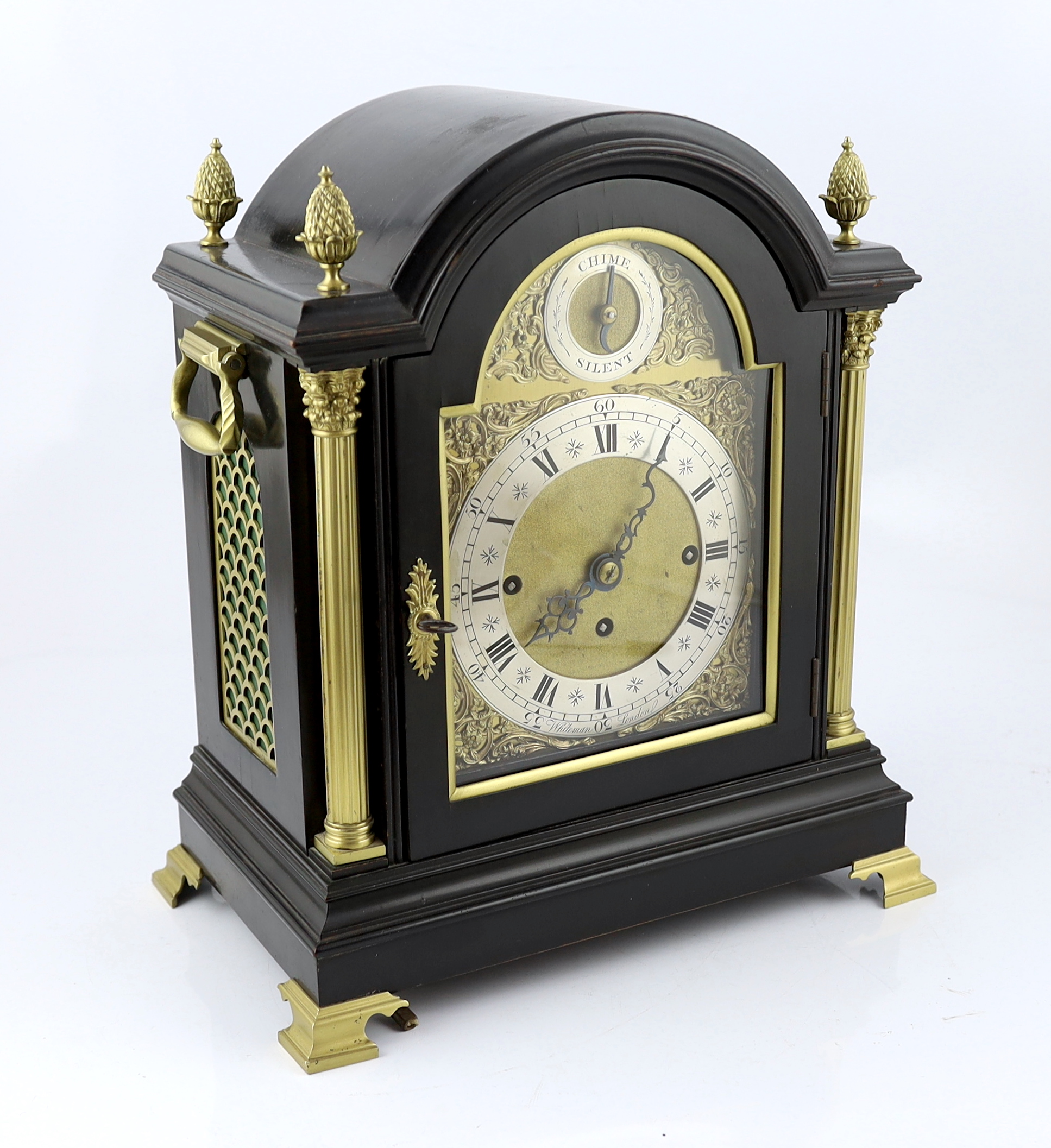 Whiteman of Leadenhall Street, London, a George III ebonised hour repeating and chiming bracket clock, 36cm wide, 23cm deep, 42cm high, Please note this lot attracts an additional import tax of 5% on the hammer price